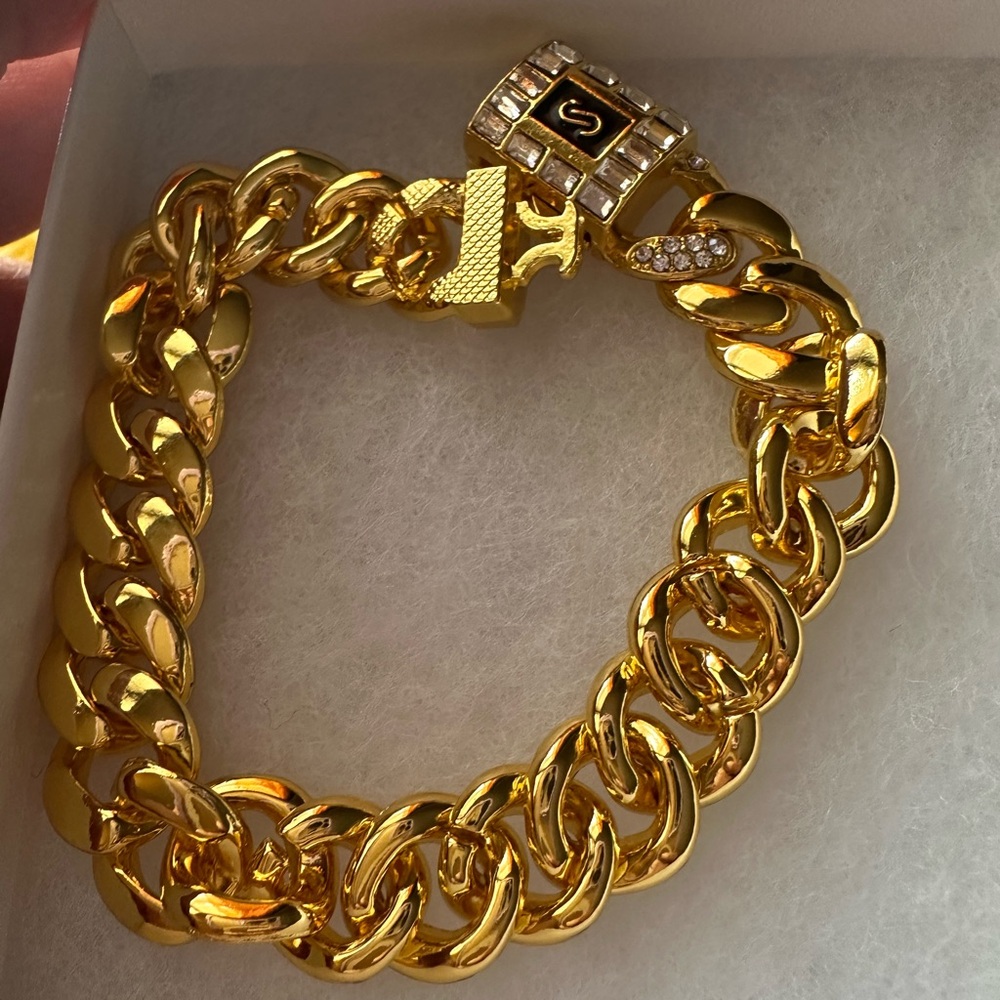 Monaco Gold Chunky Link Bracelet with Crystal Accent (Unisex) - Picture 7 of 7